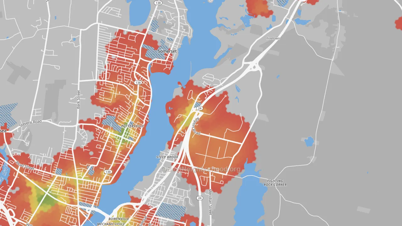 Walk Grade map of Steep Brook, Fall River, MA, walkable areas in green and car-dependent areas in red