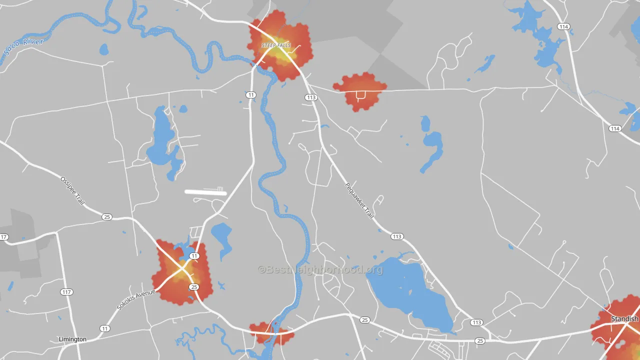 Walk Grade map of Steep Falls, ME, walkable areas in green and car-dependent areas in red