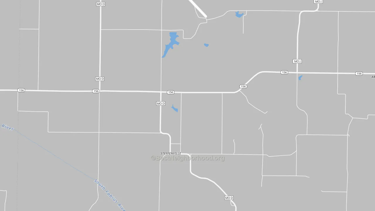 Walk Grade map of Steffenville, MO, walkable areas in green and car-dependent areas in red