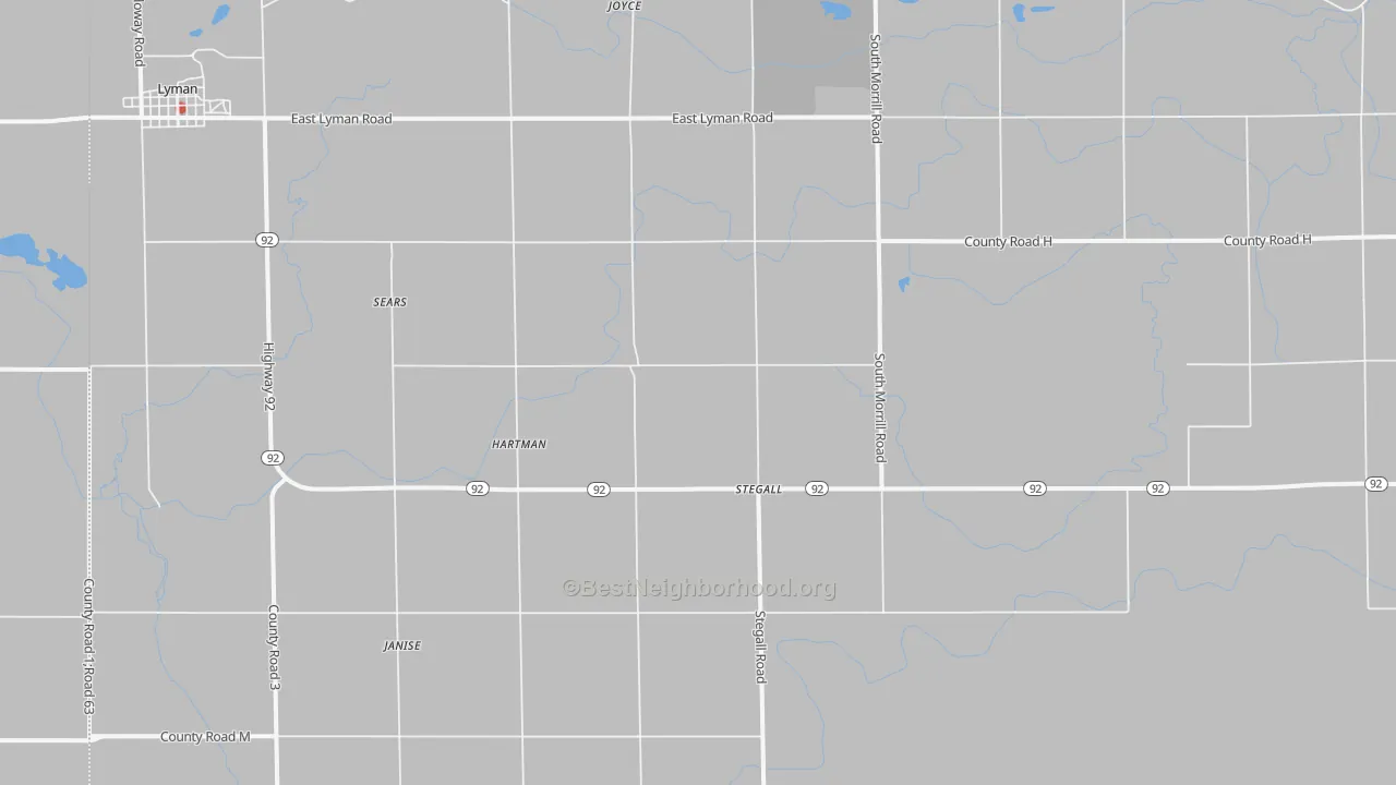 Walk Grade map of Stegall, NE, walkable areas in green and car-dependent areas in red