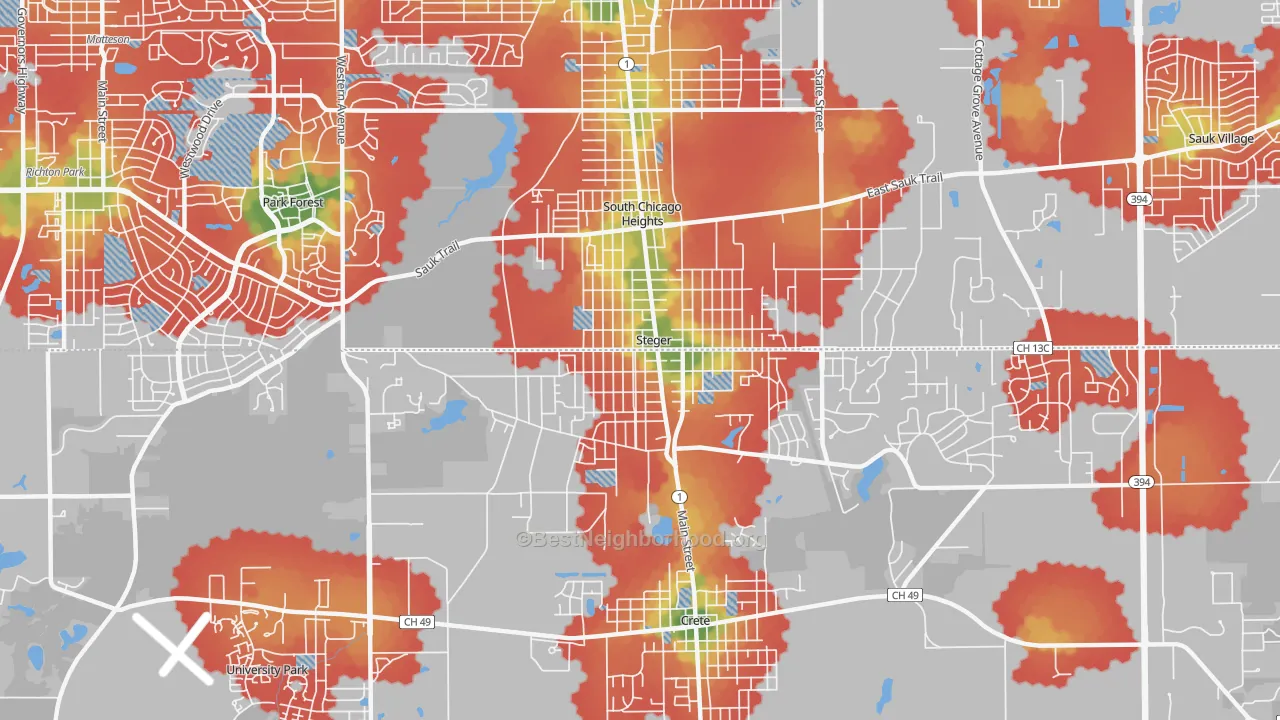 Walk Grade map of Steger, IL, walkable areas in green and car-dependent areas in red