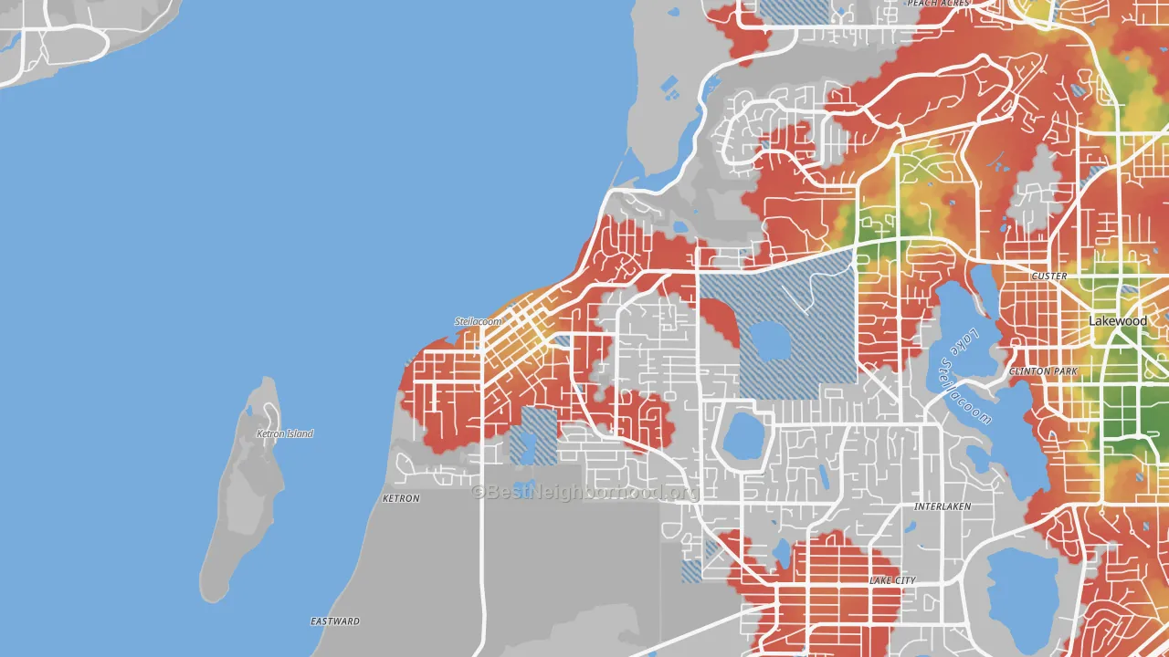 Walk Grade map of Steilacoom, WA, walkable areas in green and car-dependent areas in red
