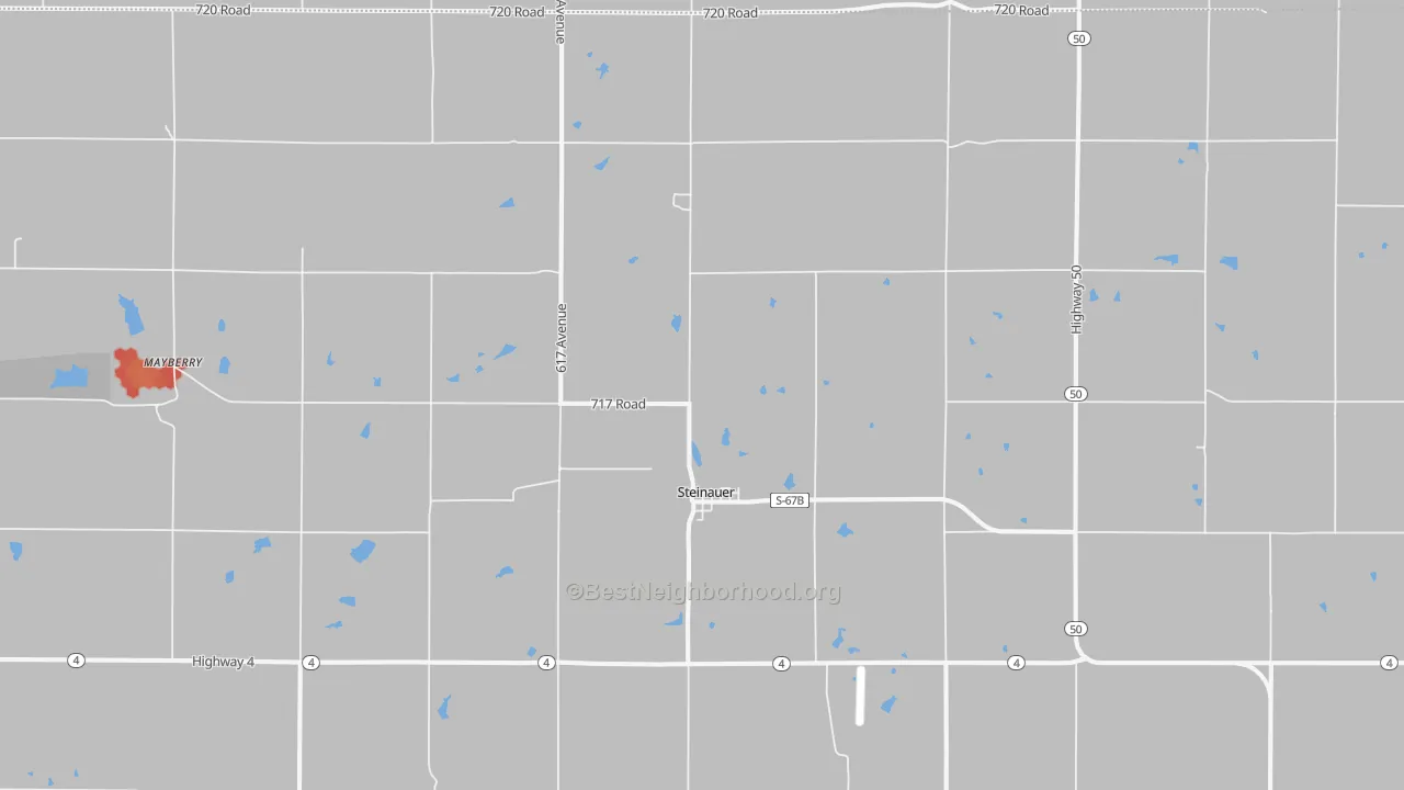 Walk Grade map of Steinauer, NE, walkable areas in green and car-dependent areas in red