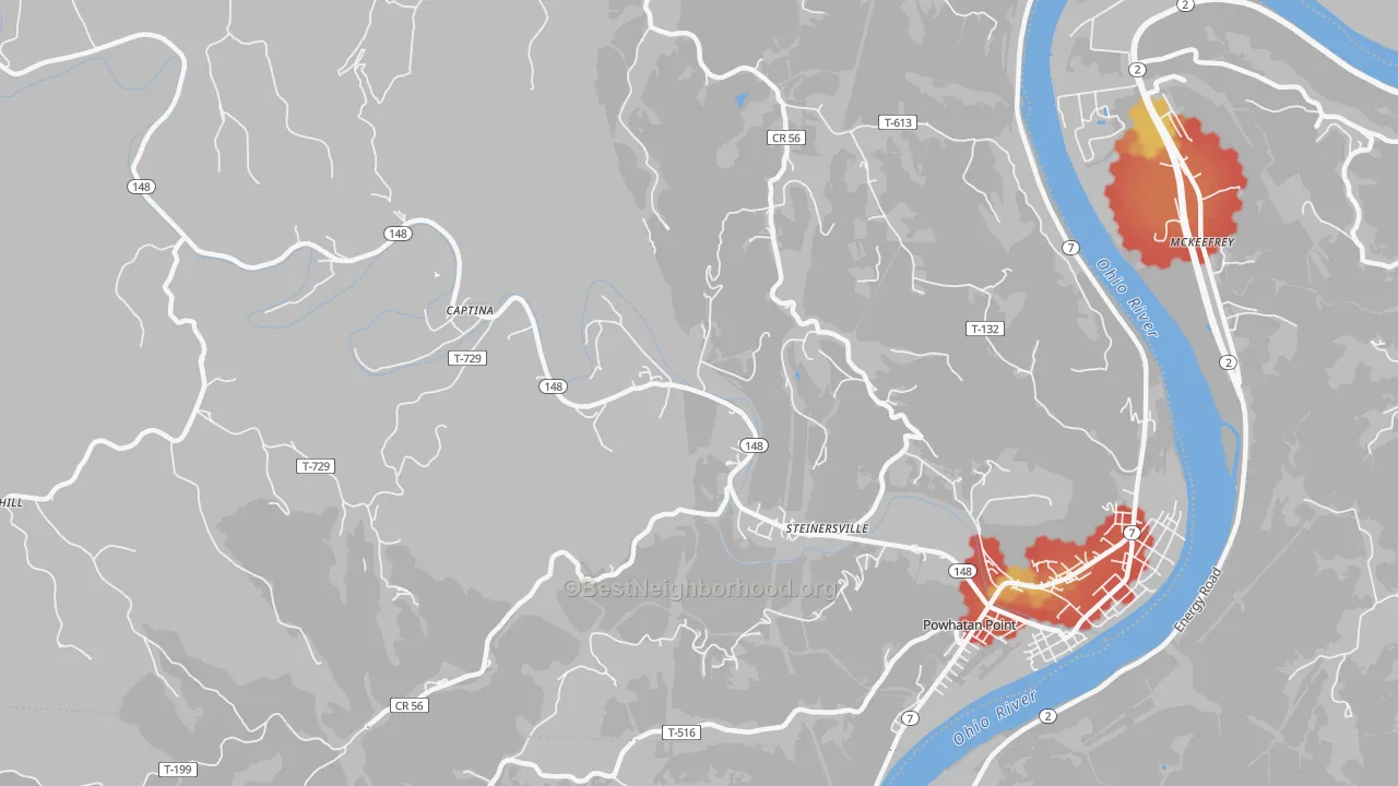 Walk Grade map of Steinersville, OH, walkable areas in green and car-dependent areas in red