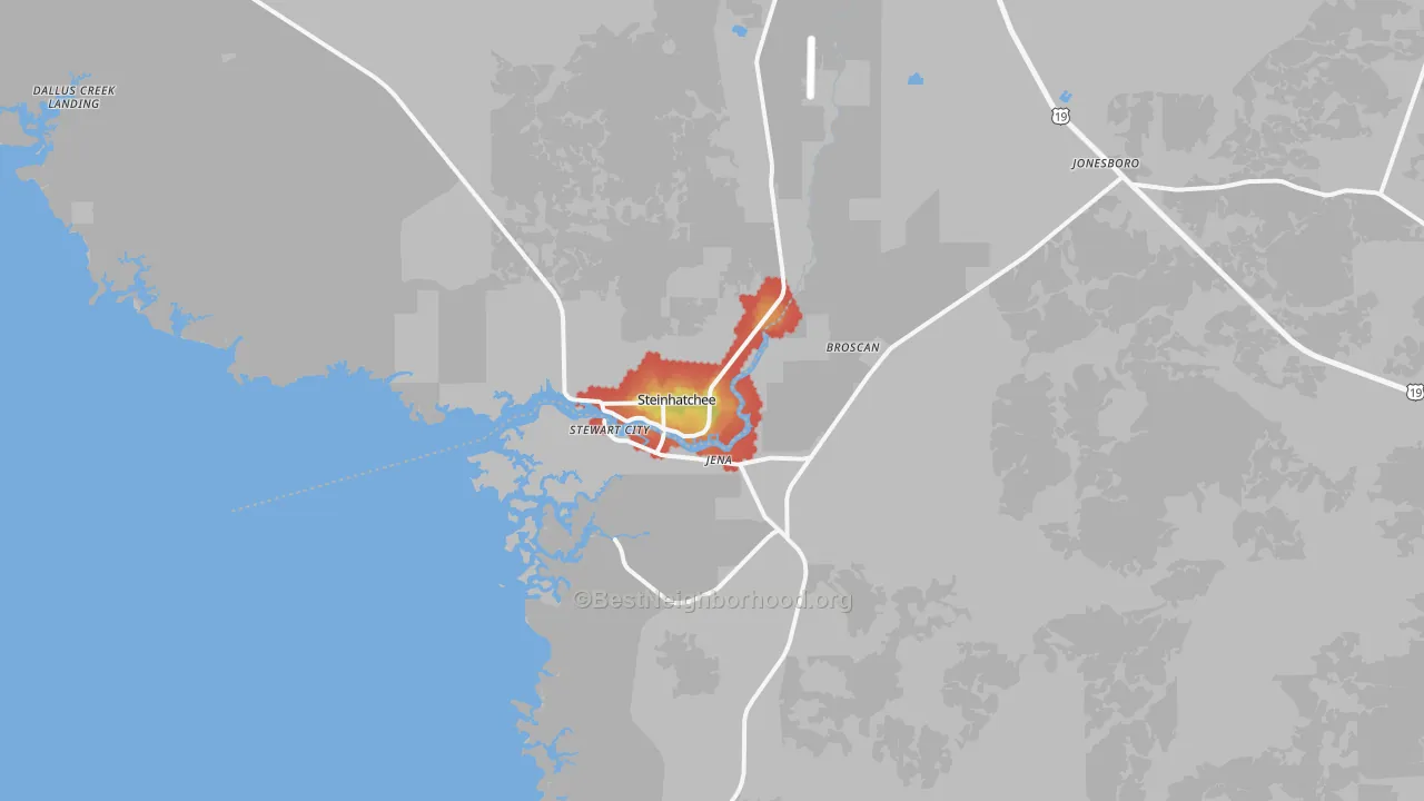 Walk Grade map of Steinhatchee, FL, walkable areas in green and car-dependent areas in red