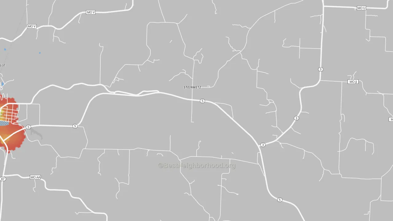 Walk Grade map of Steinmetz, MO, walkable areas in green and car-dependent areas in red