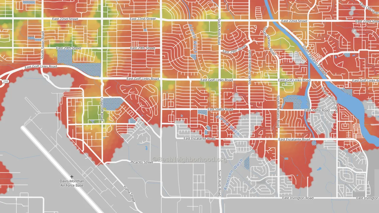 Walk Grade map of Stella Mann, Tucson, AZ, walkable areas in green and car-dependent areas in red