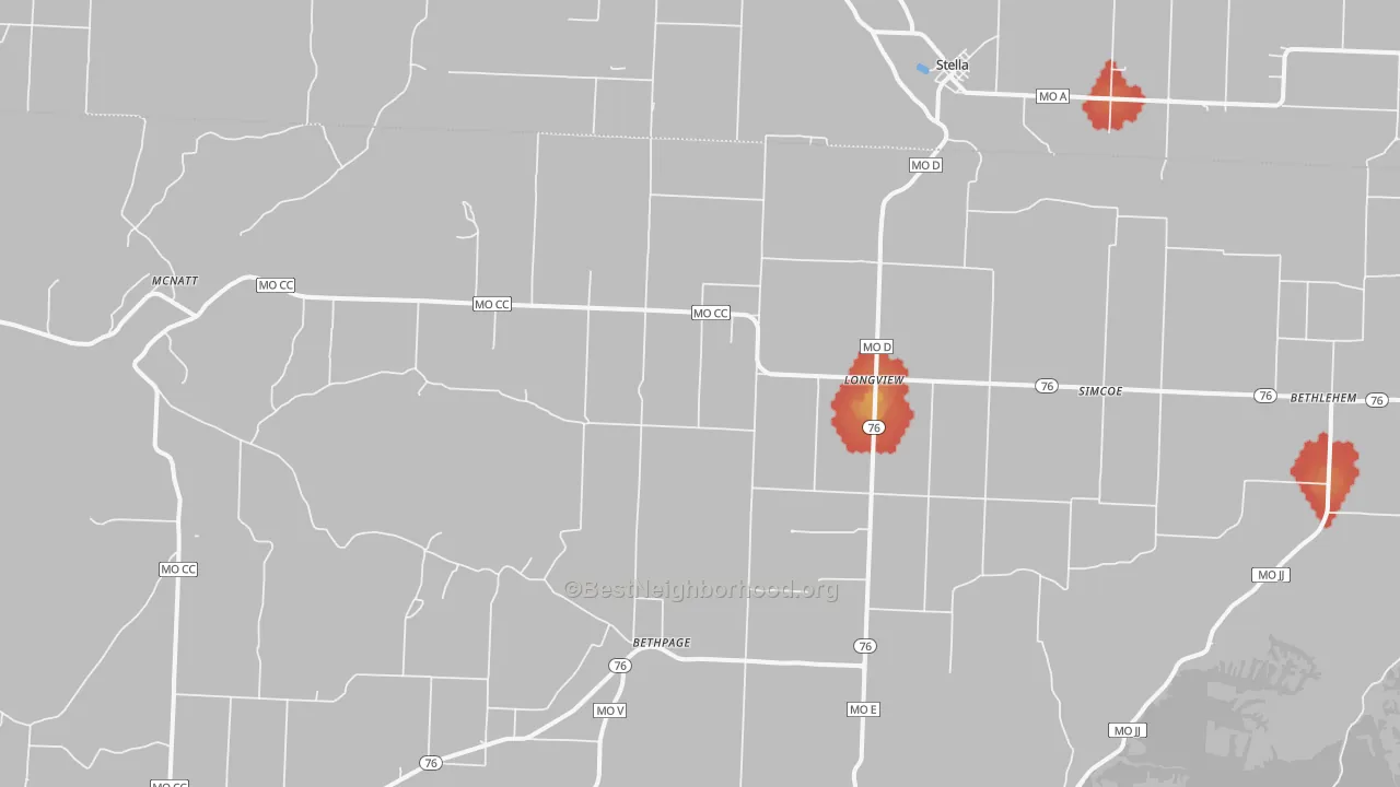 Walk Grade map of Stella, MO, walkable areas in green and car-dependent areas in red