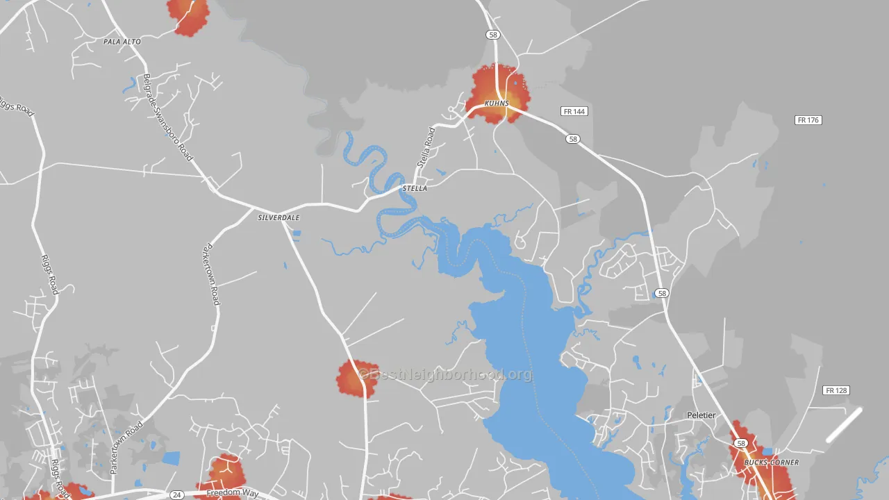 Walk Grade map of Stella, NC, walkable areas in green and car-dependent areas in red