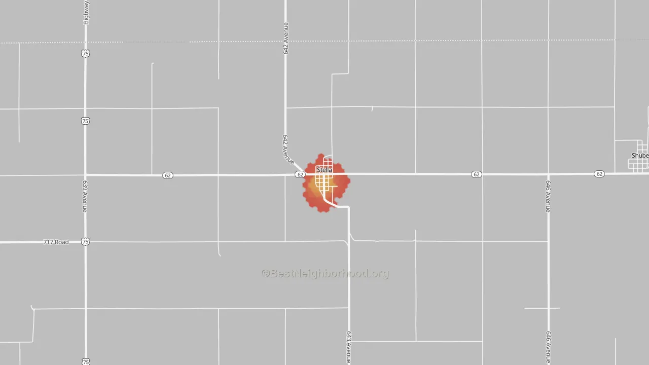 Walk Grade map of Stella, NE, walkable areas in green and car-dependent areas in red