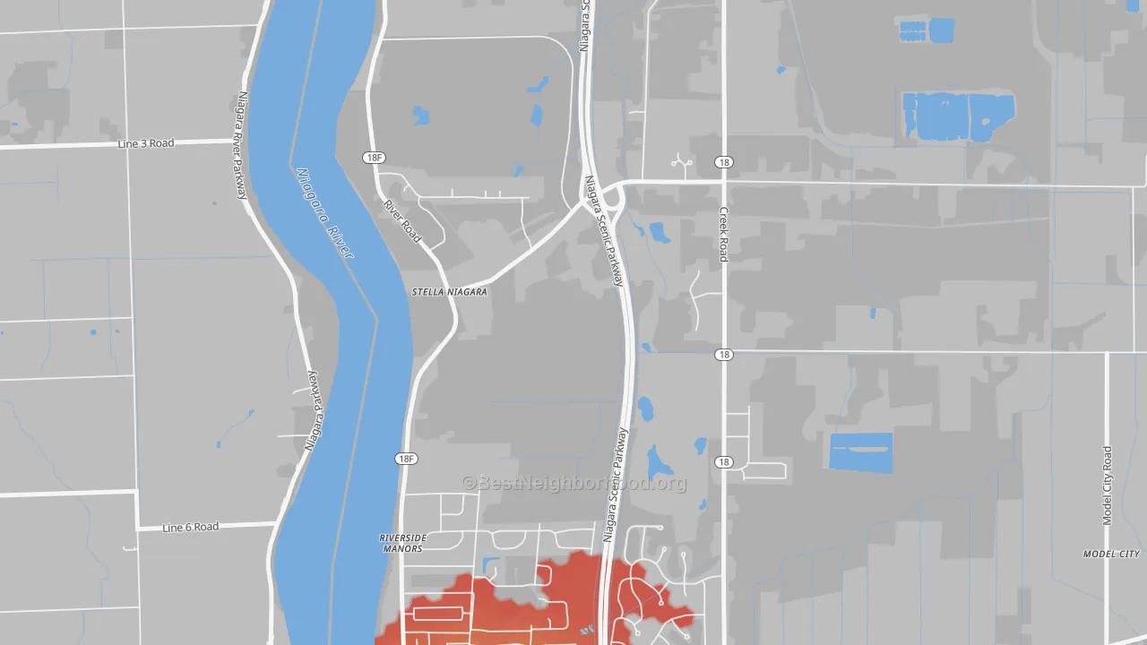 Walk Grade map of Stella Niagara, NY, walkable areas in green and car-dependent areas in red