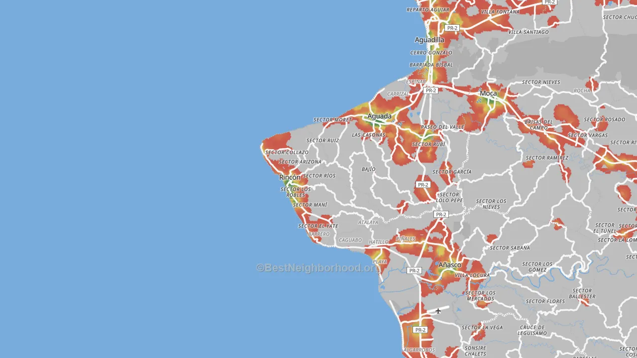 Walk Grade map of Stella Rincon, PR, walkable areas in green and car-dependent areas in red