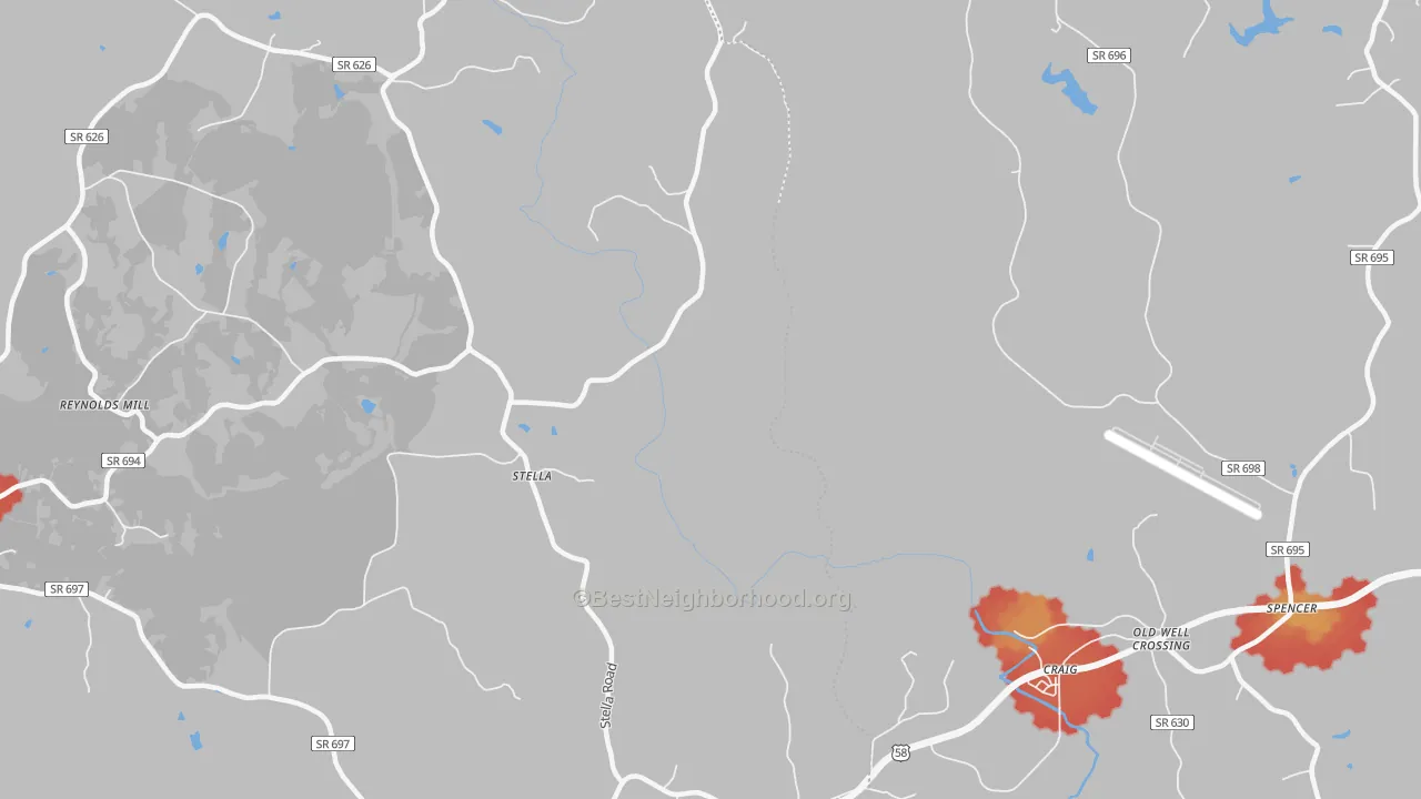 Walk Grade map of Stella, VA, walkable areas in green and car-dependent areas in red