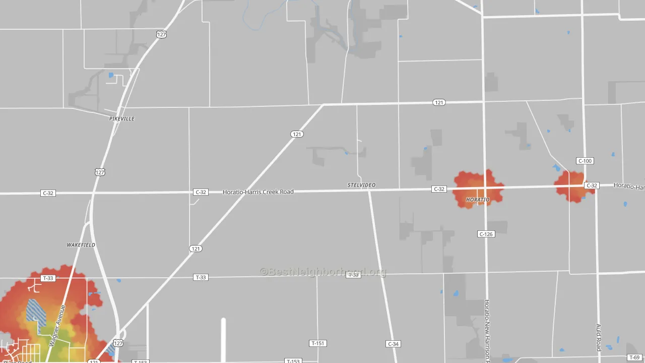 Walk Grade map of Stelvideo, OH, walkable areas in green and car-dependent areas in red