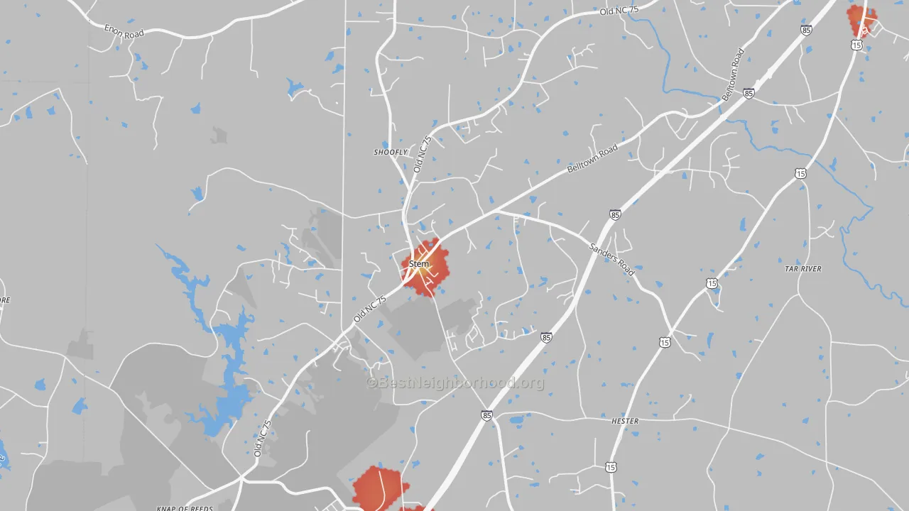 Walk Grade map of Stem, NC, walkable areas in green and car-dependent areas in red