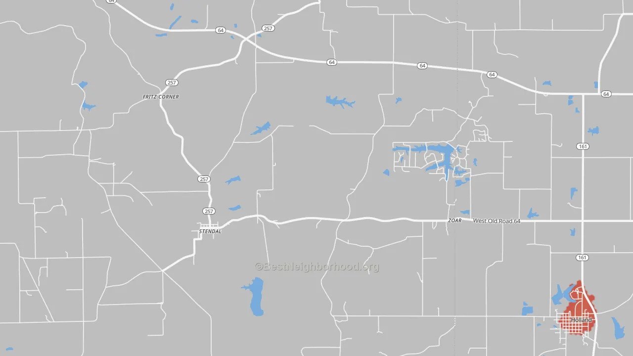 Walk Grade map of Stendal, IN, walkable areas in green and car-dependent areas in red