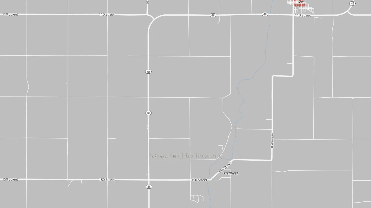Walk Grade map of Stennett, IA, walkable areas in green and car-dependent areas in red