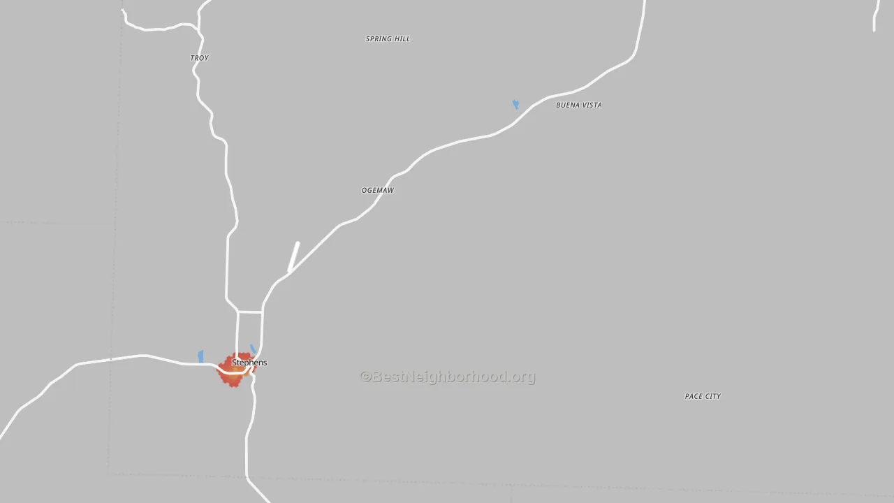 Walk Grade map of Stephens, AR, walkable areas in green and car-dependent areas in red