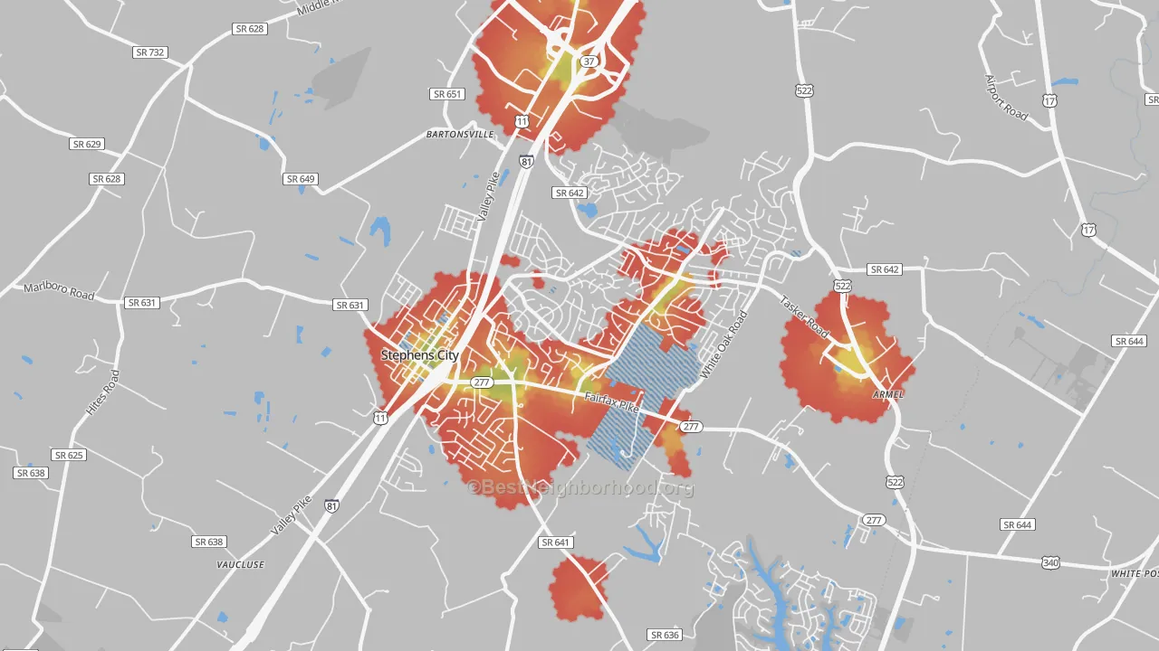 Walk Grade map of Stephens City, VA, walkable areas in green and car-dependent areas in red