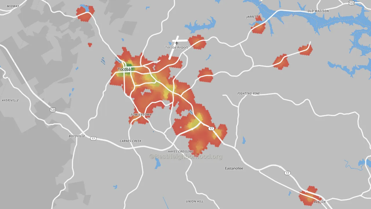 Walk Grade map of Stephens County, GA, walkable areas in green and car-dependent areas in red