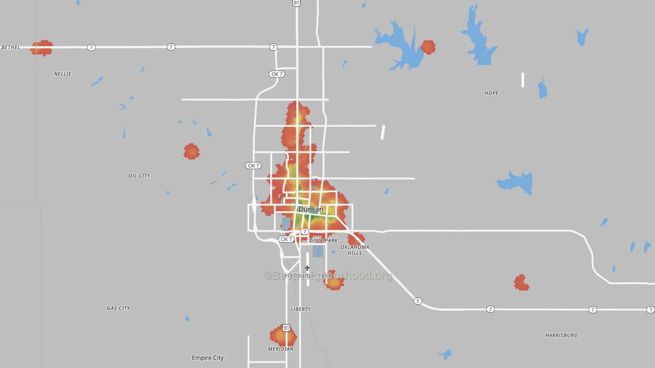 Walk Grade map of Stephens County, OK, walkable areas in green and car-dependent areas in red