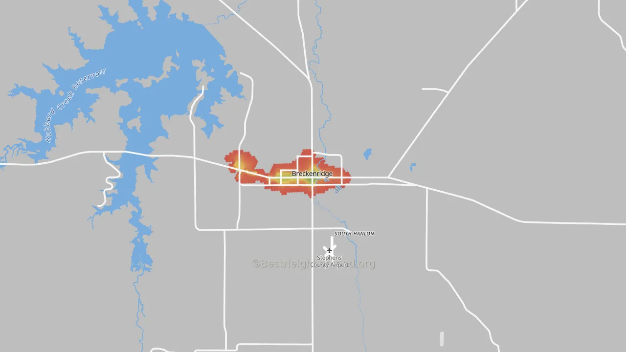 Walk Grade map of Stephens County, TX, walkable areas in green and car-dependent areas in red