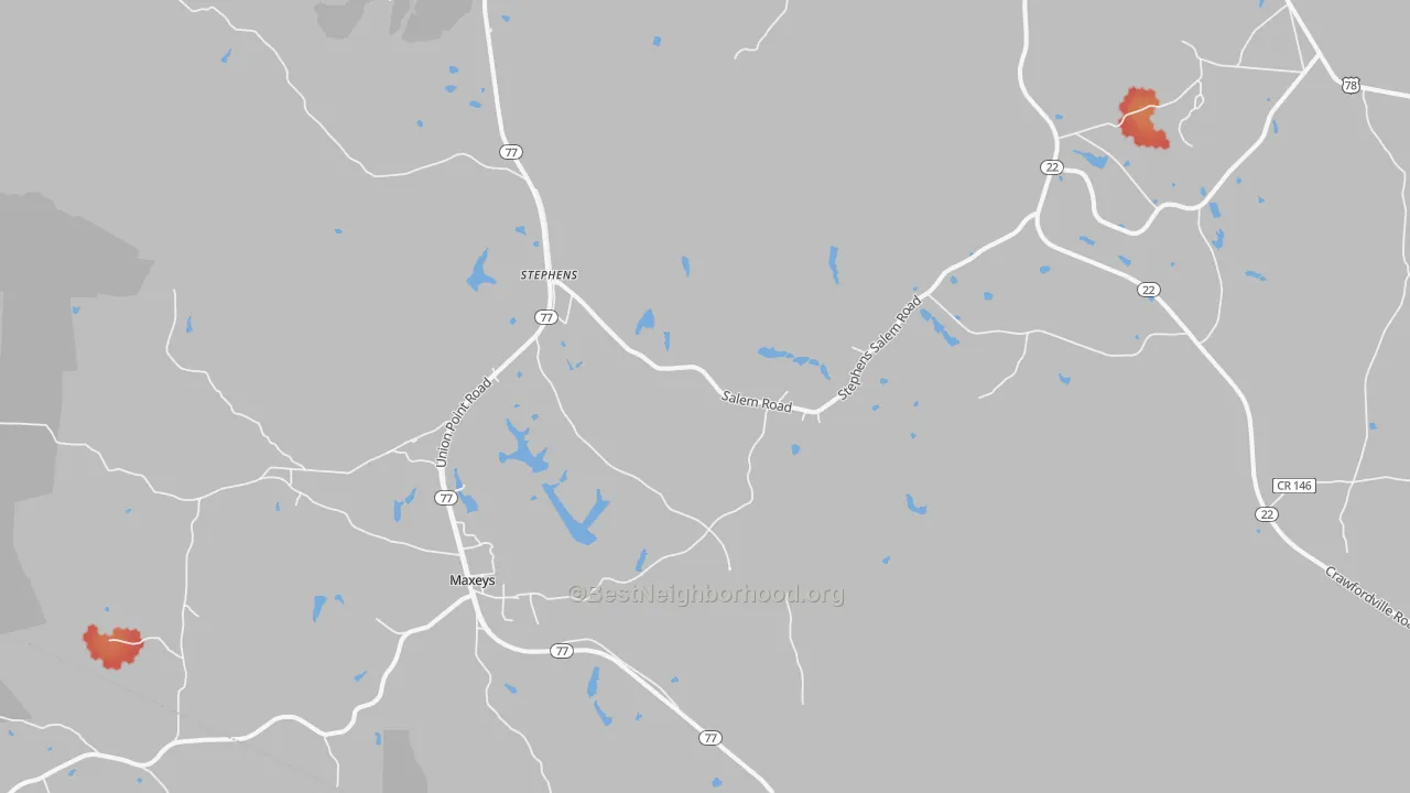 Walk Grade map of Stephens, GA, walkable areas in green and car-dependent areas in red