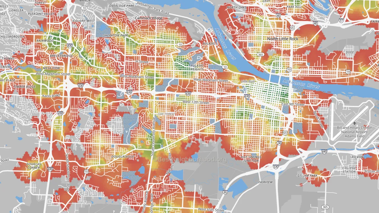 Walk Grade map of Stephens, Little Rock, AR, walkable areas in green and car-dependent areas in red
