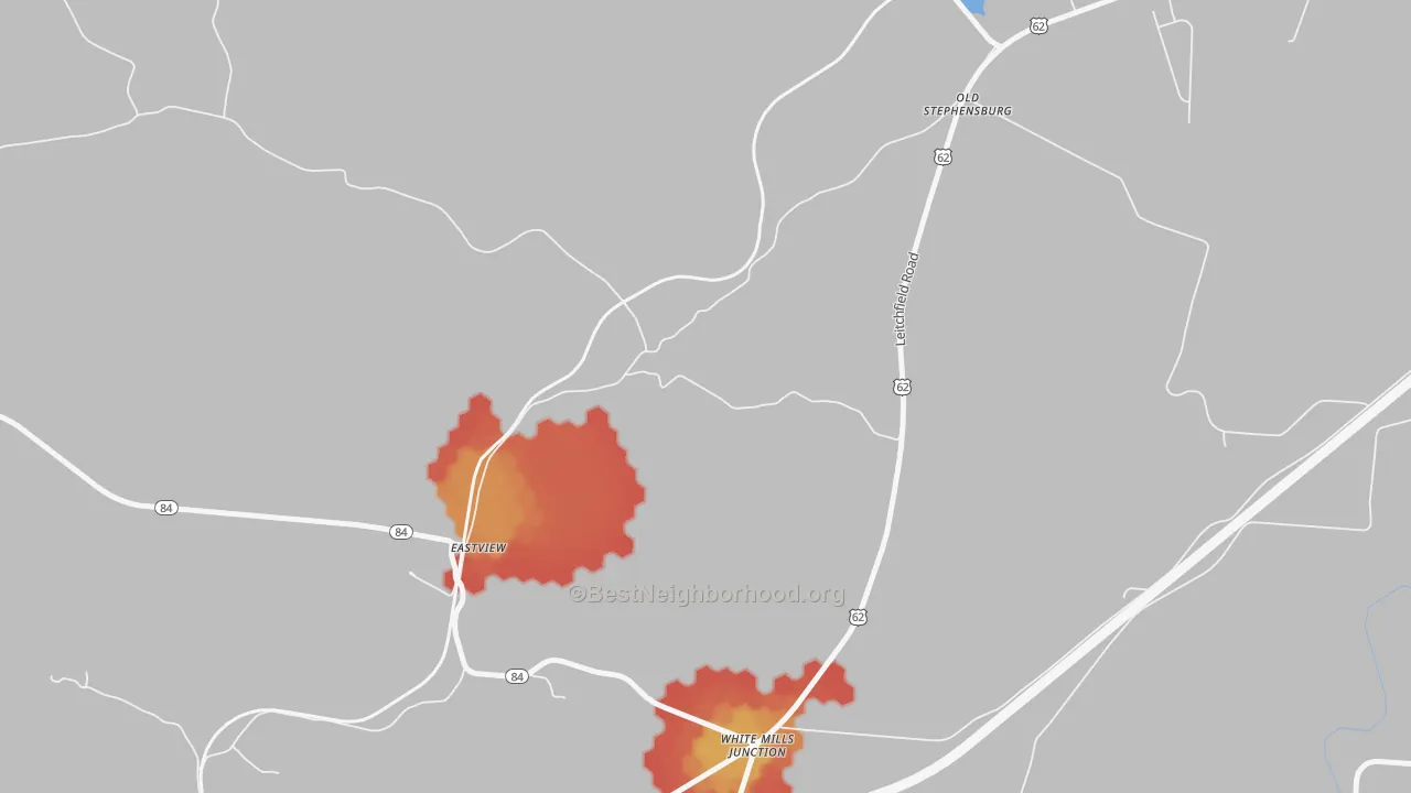 Walk Grade map of Stephensburg, KY, walkable areas in green and car-dependent areas in red