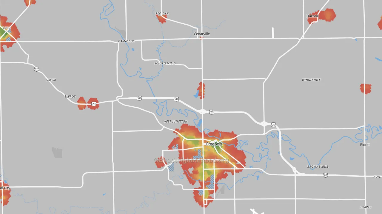 Walk Grade map of Stephenson County, IL, walkable areas in green and car-dependent areas in red