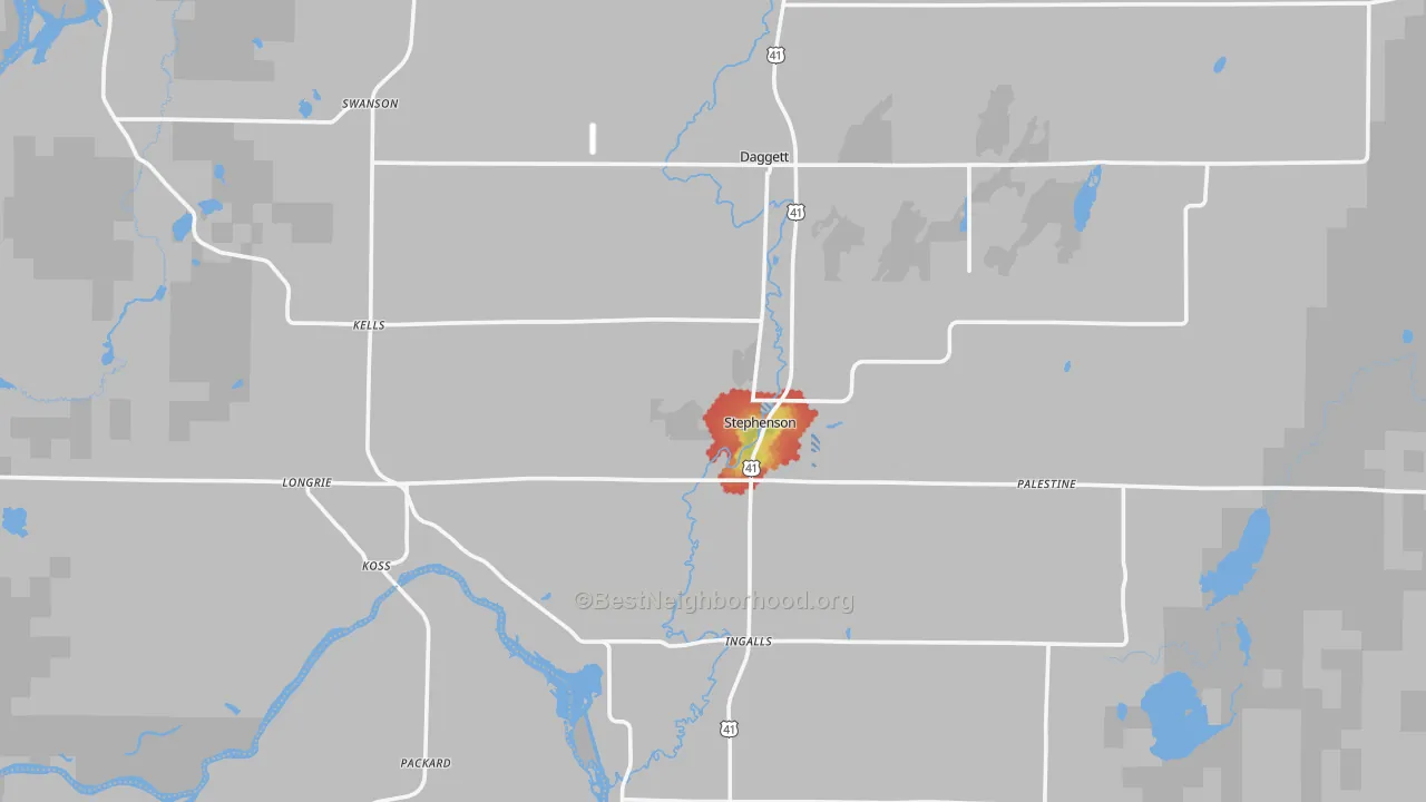 Walk Grade map of Stephenson, MI, walkable areas in green and car-dependent areas in red
