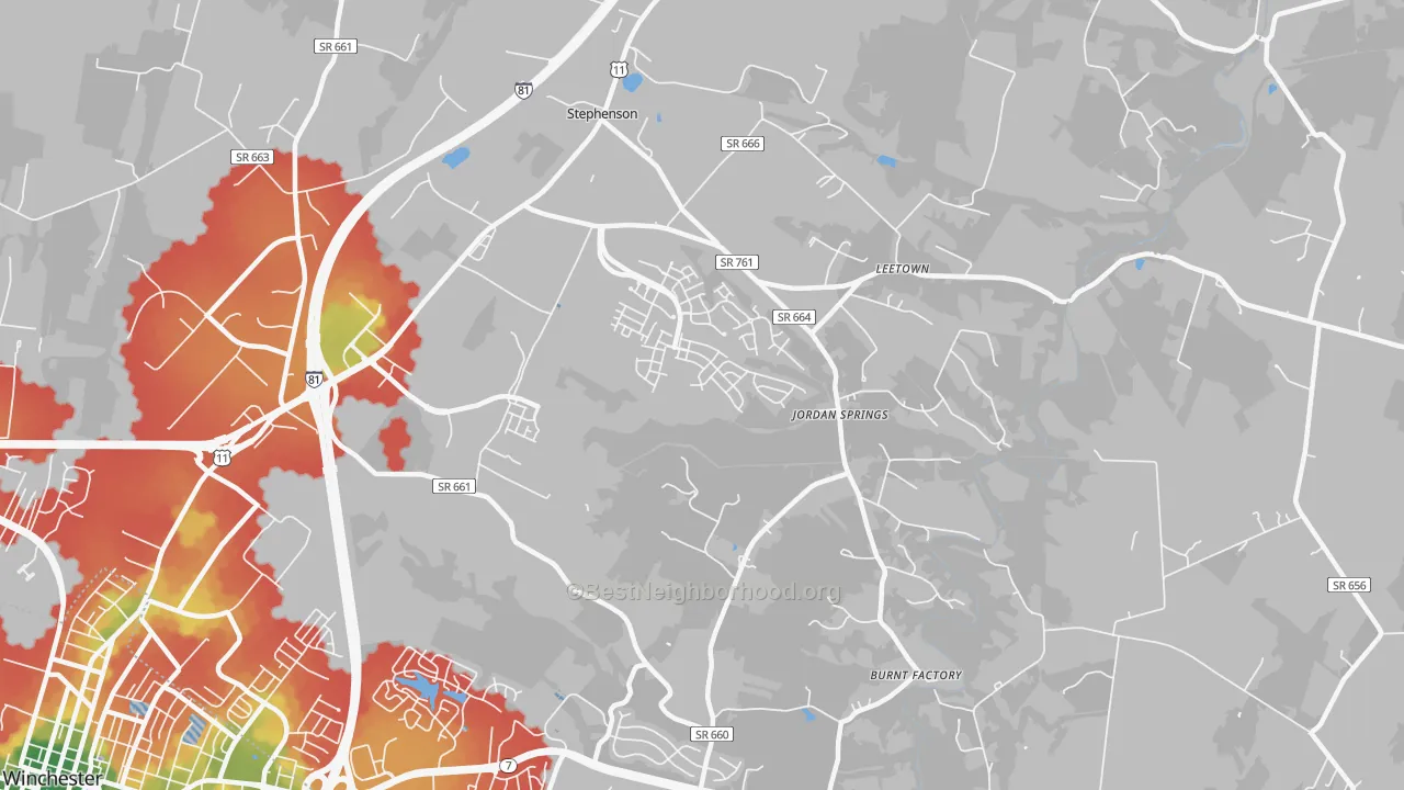 Walk Grade map of Stephenson, VA, walkable areas in green and car-dependent areas in red