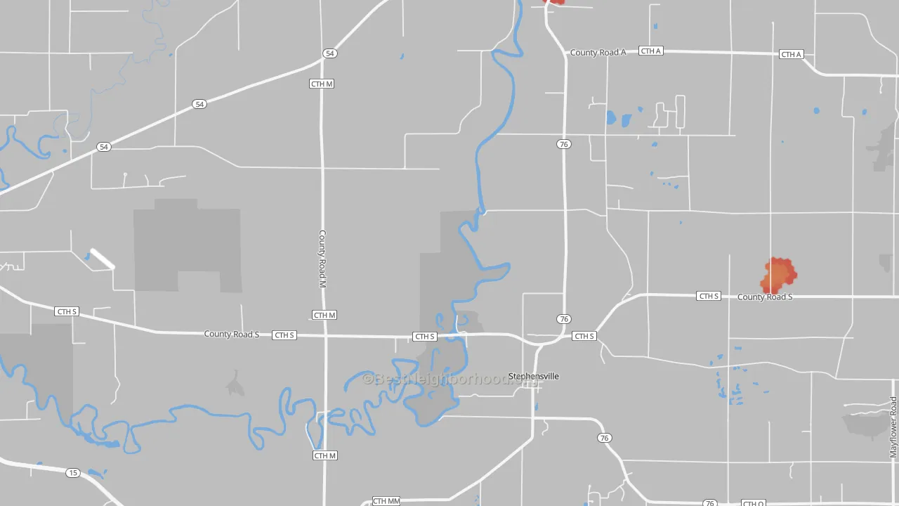 Walk Grade map of Stephensville, WI, walkable areas in green and car-dependent areas in red