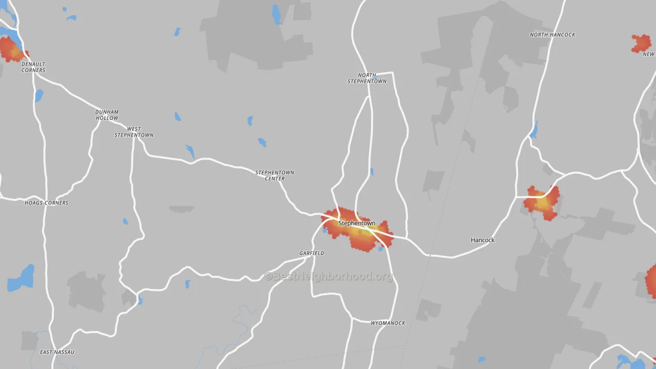 Walk Grade map of Stephentown, NY, walkable areas in green and car-dependent areas in red