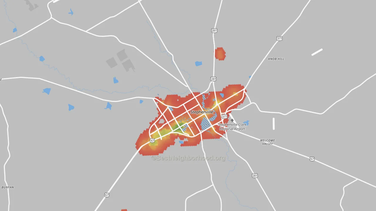 Walk Grade map of Stephenville, TX, walkable areas in green and car-dependent areas in red