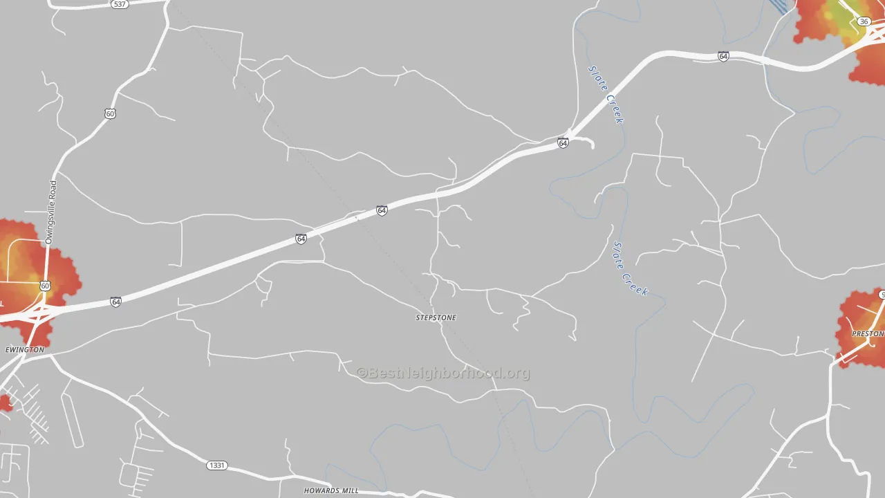 Walk Grade map of Stepstone, KY, walkable areas in green and car-dependent areas in red