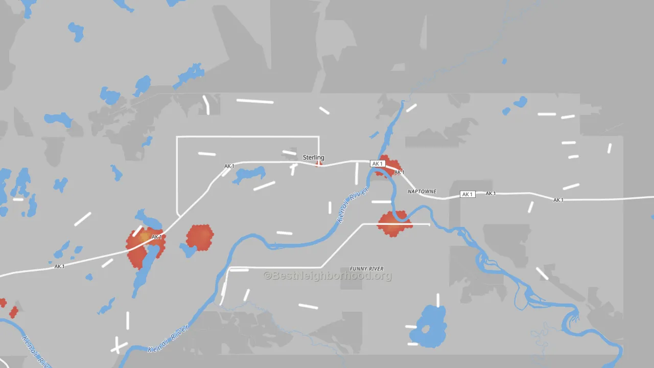 Walk Grade map of Sterling, AK, walkable areas in green and car-dependent areas in red