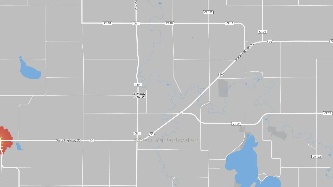 Walk Grade map of Sterling Center, MN, walkable areas in green and car-dependent areas in red