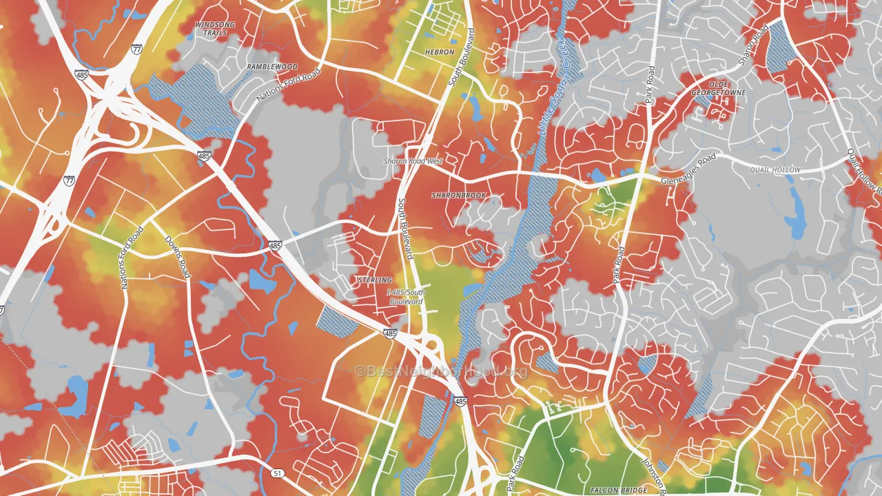 Walk Grade map of Sterling, Charlotte, NC, walkable areas in green and car-dependent areas in red