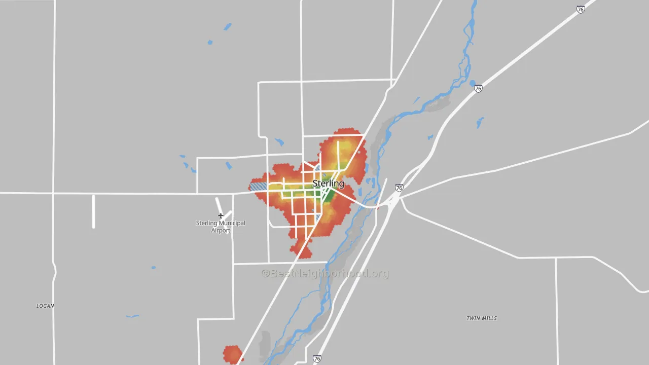 Walk Grade map of Sterling, CO, walkable areas in green and car-dependent areas in red