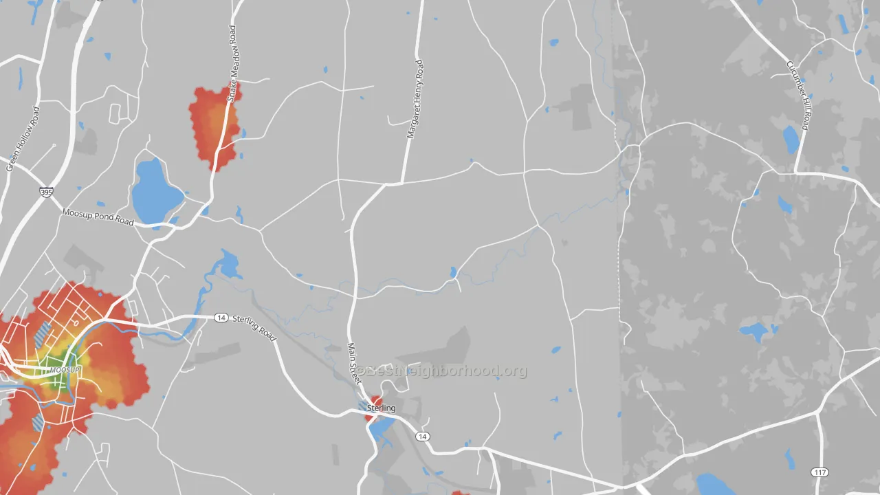 Walk Grade map of Sterling, CT, walkable areas in green and car-dependent areas in red