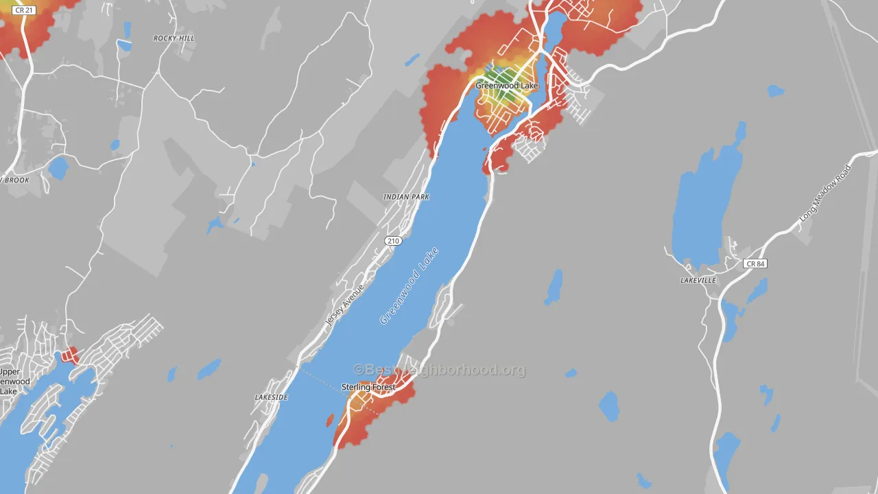 Walk Grade map of Sterling Forest, NY, walkable areas in green and car-dependent areas in red