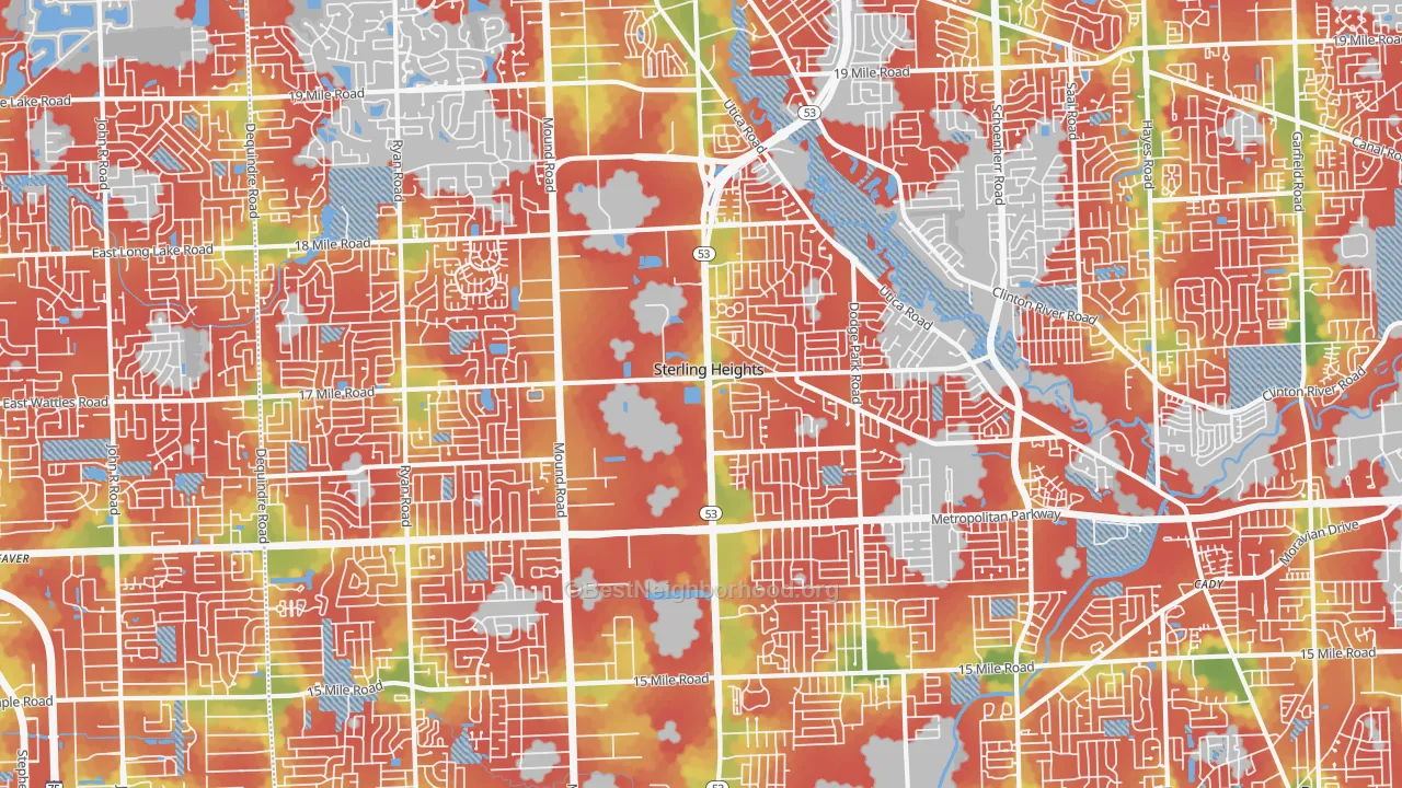 Walk Grade map of Sterling Heights, MI, walkable areas in green and car-dependent areas in red
