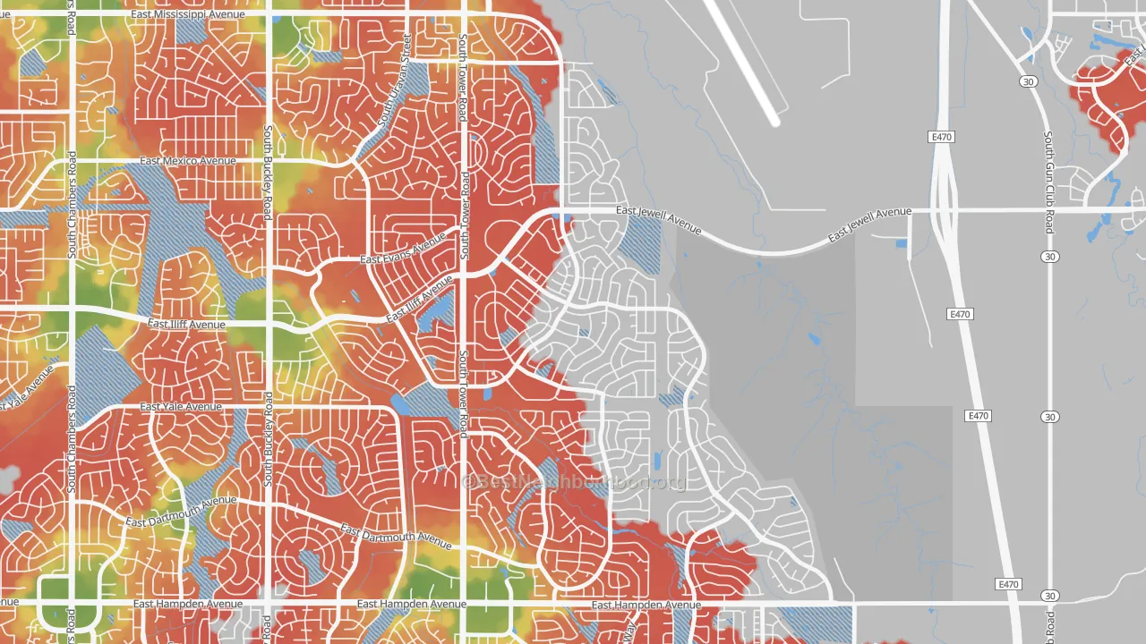 Walk Grade map of Sterling Hills, Aurora, CO, walkable areas in green and car-dependent areas in red