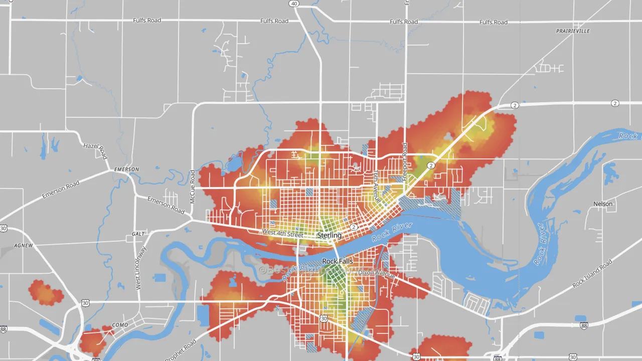 Walk Grade map of Sterling, IL, walkable areas in green and car-dependent areas in red