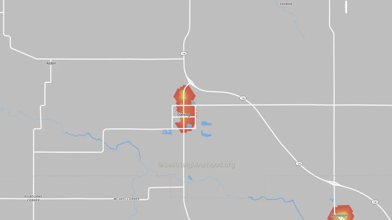 Walk Grade map of Sterling, KS, walkable areas in green and car-dependent areas in red
