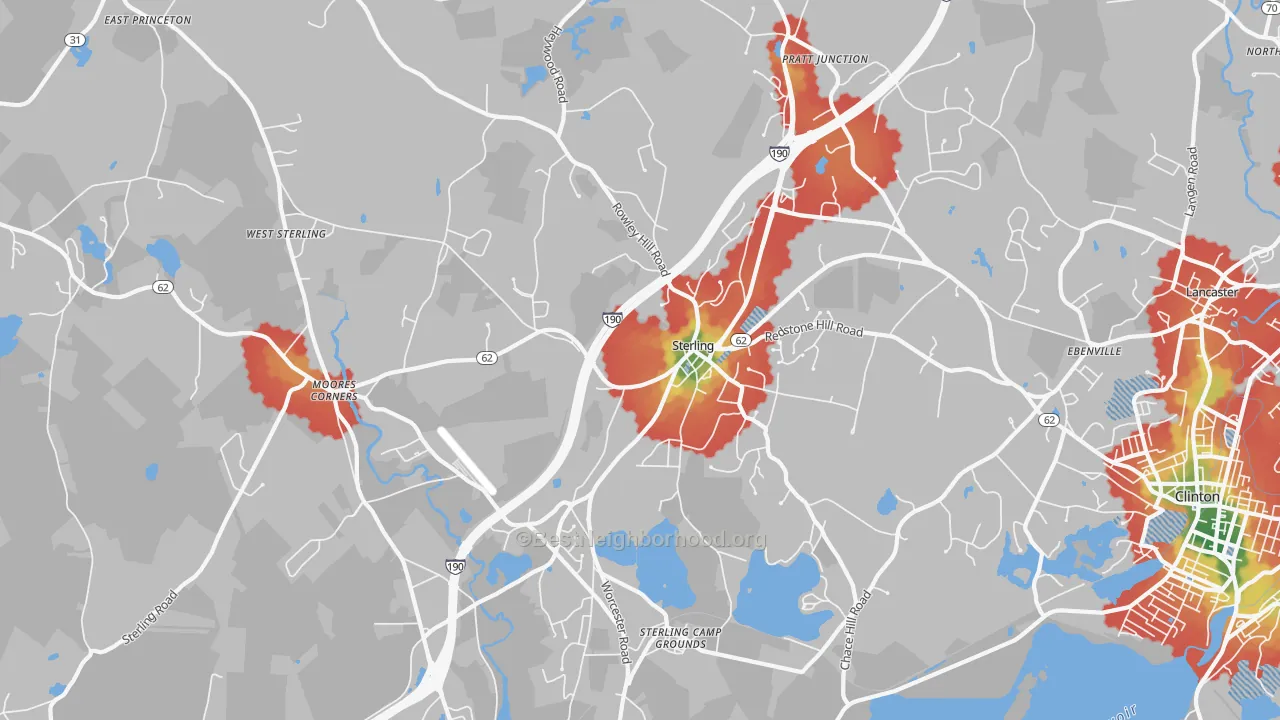 Walk Grade map of Sterling, MA, walkable areas in green and car-dependent areas in red