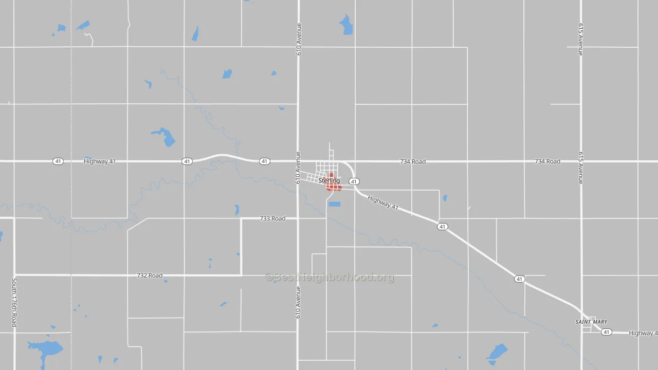 Walk Grade map of Sterling, NE, walkable areas in green and car-dependent areas in red