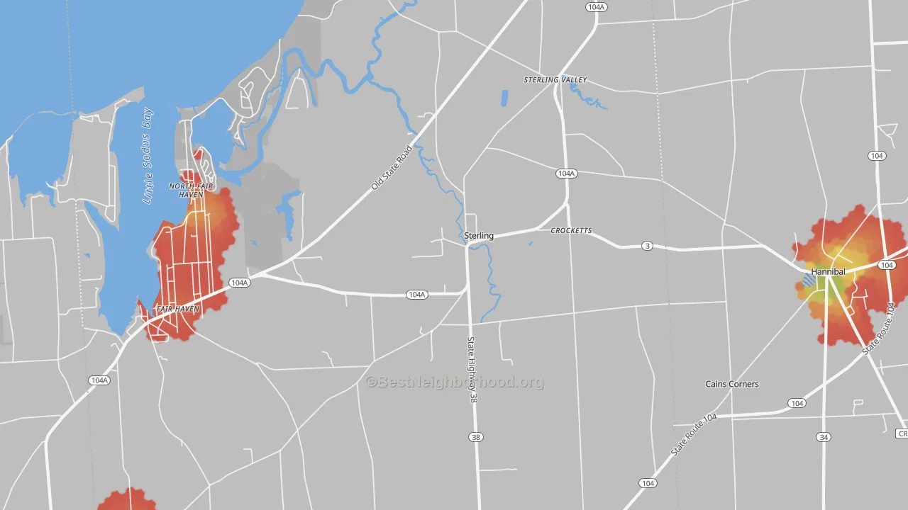 Walk Grade map of Sterling, NY, walkable areas in green and car-dependent areas in red