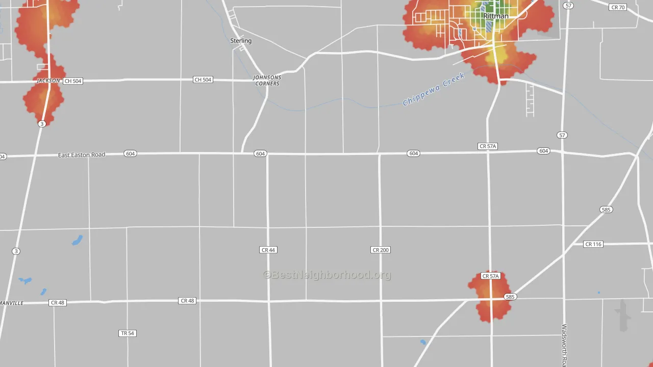 Walk Grade map of Sterling, OH, walkable areas in green and car-dependent areas in red